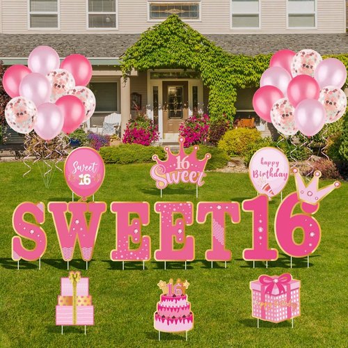 HOBBY HORSE Pink Sweet Happy 16th Birthday Yard Lawn Signs with Stakes Waterproof 16th Birthday Outdoor Lawn Decorations Set with 18 Balloons for Girls Birthday Party Supplies Lawn Decor