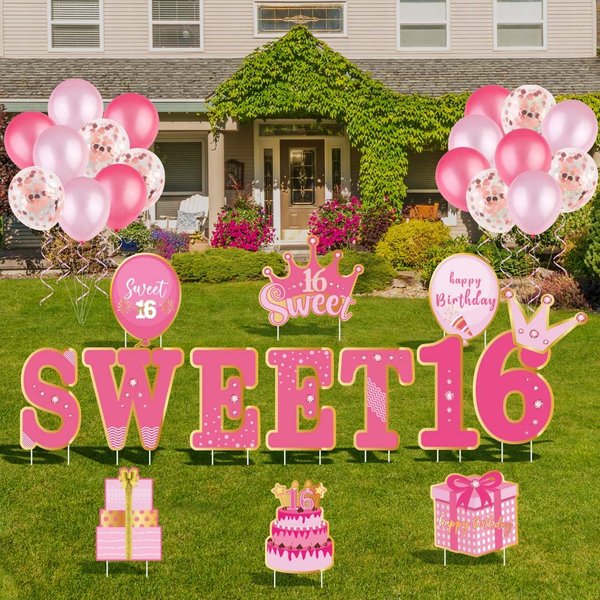 HOBBY HORSE Pink Sweet Happy 16th Birthday Yard Lawn Signs with Stakes Waterproof 16th Birthday Outdoor Lawn Decorations Set with 18 Balloons for Girls Birthday Party Supplies Lawn Decor