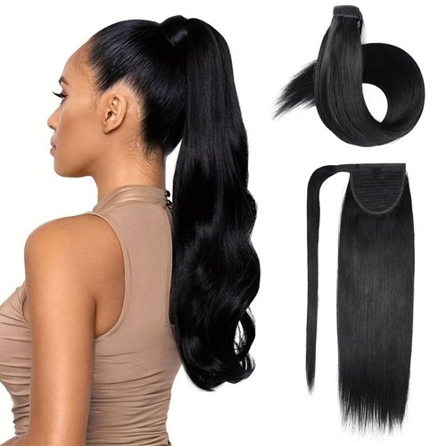 JIAMEISI Ponytail Extension Human Hair Wrap Around Clip in Hair Piece Ponytail Extension Human Hair Straight Ponytail For Black Women with Magic Paste 70G(16 inch, Black #1)