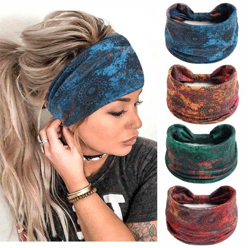STGDAK Boho Headbands for Women,Retro Floral Pattern Hair Band,Non Slip Hair Band,Cotton Fabric Cloth Headbands,Fashion Elastic Head Turbans Yoga Sports Runnig Hair Accessories for Women Girls 4 Pack