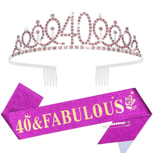 YARIEW 40th Birthday Decorations for Women, Birthday Crown + 40 & Fabulous Birthday Sash + Pearl Pin Set, 40th Birthday Gifts for Women, 40th Birthday Party Favor