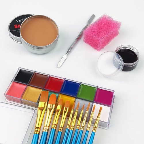 VERONNI SFX Makeup kit 12 Colors Face Body Paint Oil（96g）Halloween Makeup with Special Effects Wound Scar Wax, Fake Scab Blood, Spatula, 10 Brushes,1 Stipple Sponge (02)
