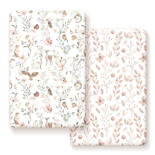 Pack n Play Sheets FItted 2 Pack, Stretchy Ultra Soft Jersey Knit Pack and Play Sheets, Universal Fitted Portable/Mini Crib Mattresses Snug and Safe, Beautiful Blush Pink Floral and Cute Animals Print