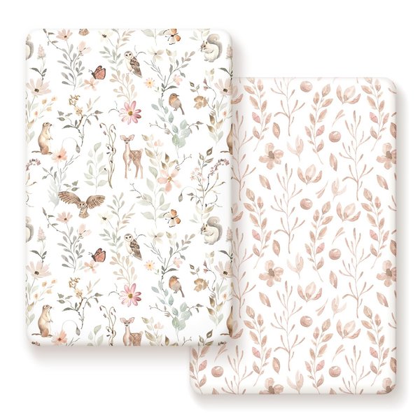 Pack n Play Sheets FItted 2 Pack, Stretchy Ultra Soft Jersey Knit Pack and Play Sheets, Universal Fitted Portable/Mini Crib Mattresses Snug and Safe, Beautiful Blush Pink Floral and Cute Animals Print