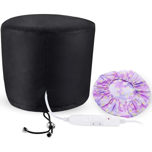 Heated Electric Thermal Steamer Cap for Natural Black Afro Hair - Hot Spa Treatment Hat with Temperature Control for Deep Conditioning at Home - Black