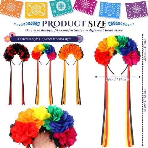Riceshoot 3 Pcs Halloween Flower Headband Day of the Dead Floral Headband Mexican Flower Crown Headband Halloween Festival Wedding Headband for Women Halloween Masquerade Bridal Party Dress up