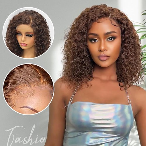 YGQWD Short Chocolate Brown Curly Bob Lace Front Wigs with Baby Hair for Black Women Human Hair Pre Plucked 13x4 Lace Frontal Brazilian Virgin Hair Dark Colored Wig 150% Density 14 Inch