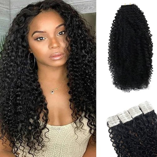 Black Curly Tape in Extensions Real Human Hair, Tape in Hair Extensions Kinky Curly Human Hair,Tape in Extensions for Black Women Natural Black #1B 20 Inch 20PCS 50g Double Skin Weft Thick End