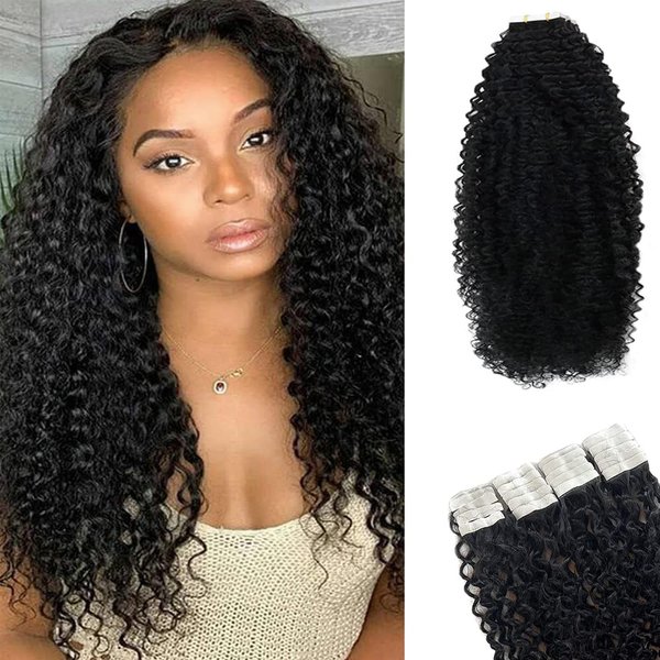 Black Curly Tape in Extensions Real Human Hair, Tape in Hair Extensions Kinky Curly Human Hair,Tape in Extensions for Black Women Natural Black #1B 20 Inch 20PCS 50g Double Skin Weft Thick End