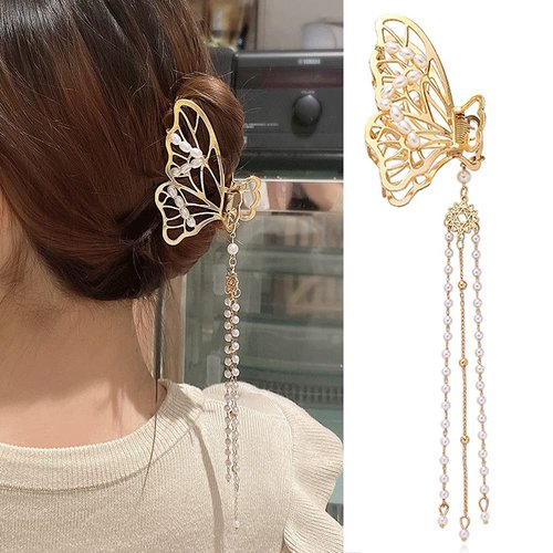 Butterfly Clips 1PCS Butterfly Metal Hair Claw Clip Gold Hairpin Fashion Nonslip Hair Clamps Butterfly Tassel Hair Catch Clip Hair Accessories Hair Clips for Styling Thick Hair Thin Hair Women Girls
