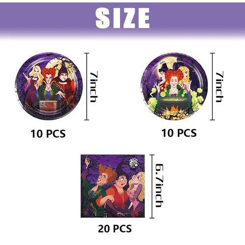 Omto 40Pack Hocus Pocus Party Supplies include 20Pcs plates, 20 napkins for Kids Hocus Pocus birthday party decoration
