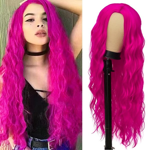 Amnenl Rose Red Hot Pink Curly Wigs Long Wavy Wigs for Women Natural Middle Part Synthetic Wig for Halloween Cosplay Wigs