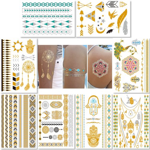 Metallic Temporary Tattoos for Women Teens Girls - 8 Sheets Gold Silver Temporary Tats Glitter Shimmer Designs Jewelry Tattoos - 100+ Color Flash Fake Waterproof Tattoo Stickers (Caicos)