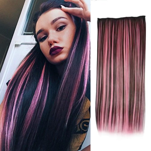 3/4 Full Head Clip in Hair Extensions Mixed Black And Pink Color One Piece Clip In Hair Extensions, 24" Long Straight Highlight 5 Clips Clip in Synthetic Hair Extensions For Girls and Women