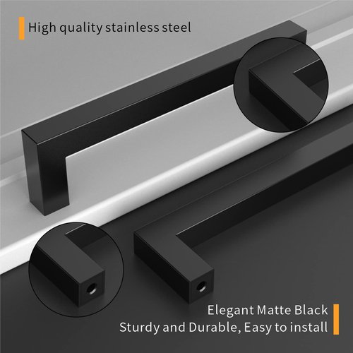 Amerdeco 10 Pack Kitchen Cabinet Handles 7 Inch(178mm) Hole Centers, Matte Black Stainless Steel Handles for Kitchen Cabinet Hardware, Cabinet Pulls for Bathroom Cupboard Dresser Drawer Handles