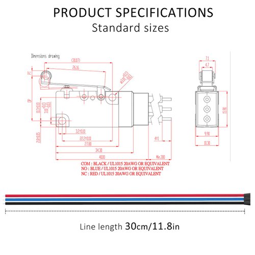 DIYhz Waterproof Momentary Hinge Roller Lever Micro Switches with Line 10A 125 250V NC NO COM line Length 30CM