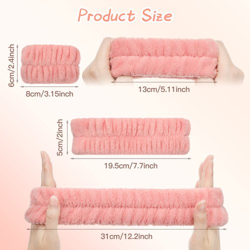 Chuangdi 9 Pcs Reusable Spa Headband Wrist Washband Face Wash Set Include 3 Microfiber Headband 6 Wrist Washband for Women Avoid Liquid from Spilling Down Arms(Hot Pink, Beige, Coffee)