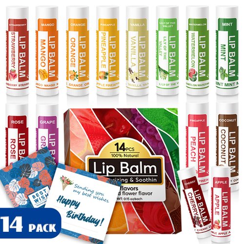 Yopela 14 Pack Natural Lip Balm in Bulk with Vitamin E and Coconut Oil - Moisturizing, Soothing, and Repairing Dry and Chapped Lips - 14 Flavors - Non-GMO - With Greeting Card
