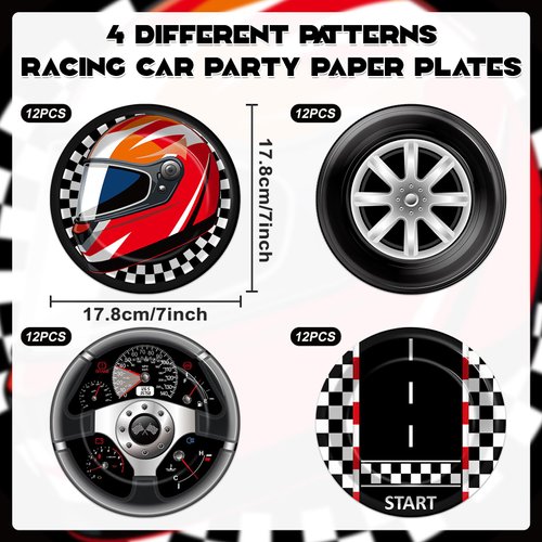 Justforjoyful 48Pcs Race Car Party Plates Racing Car Party Supplies Black Checkered Flag Dessert Plates 7in Racing Party Dinnerware Tableware Set for Kid Boy Birthday Baby Shower Home Party Decoration