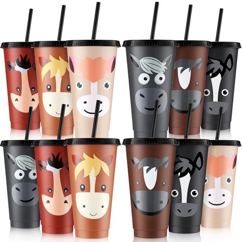 Mifoci Horse Party Favors Horse Cups with Lid Straw 24 oz Plastic Drink Cups Bulk Reusable Horse Tumblers for Horse Theme Party Supplies Christmas Thanksgiving Birthday Gifts(Horse,12 Pack)