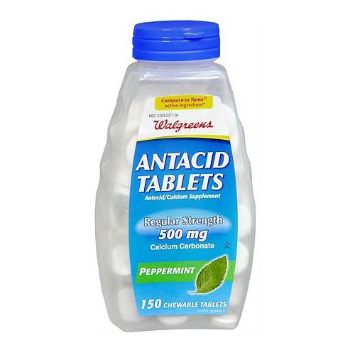 Walgreens Regular Strength Antacid/Calcium Supplement Chewable Tablets, Peppermint, 500 mg, 150 Tablets (Pack of 3 Bottles)