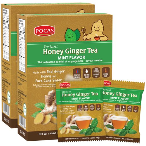 Pocas Honey Ginger Tea - Instant Tea Powder Packets with Mint & Ginger Honey Crystals Tea, Non-GMO/Gluten Free/Caffeine Free Tea, 20 Count (Pack of 2)