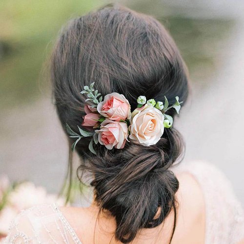 Fangsen Wedding Boho Pink Rose Babysbreath and Eucalyptus globulus Flower Hair Comb Bridal Headpiece Floral Hair Accessories for Brides and Bridesmaids Silver (Ivory)