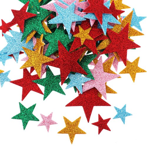 210 PCS Glitter Foam Stickers Colorful Foam Star Stickers Self Adhesive Glitter Foam Sticker Star Shaped Wall Stickers for Scrapbooks, Crafts Cards Arts Craft Supplies Birthday Party Decor, 4 Size
