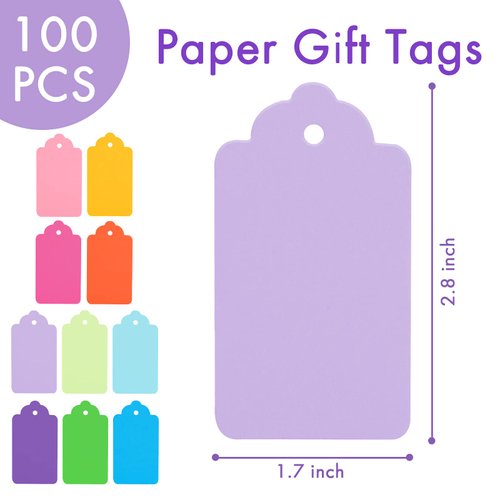 SallyFashion 100 PCS Gift Tags with String, 10 Colors Kraft Paper Tags Hanging Tags Price Tags Greeting Tags for Christmas Gift DIY Crafts Holiday Party Favors