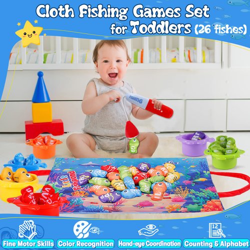 Esjay Fishing Game for Toddlers Montessori Toys for 1 2 3 4 Year Old, Educational Learning Cloth Fishing Toys for Color Sorting Stacking Counting, Gifts for Baby Toddler Birthday Boys Girls Age 1-3
