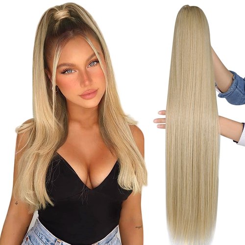 Long Ponytail Hair Extensions Straight Clip - In Ponytail With Drawstring Synthetic Hair Piece 32 Inch For Black Women Blonde(#MT27/613,170g)
