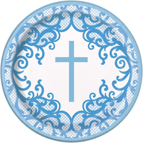 Unique Fancy Blue Cross Round Dessert Paper Plates - 7" (Pack of 8) - Elegant & Disposable Party Essential for Religious Events and Any Occasions