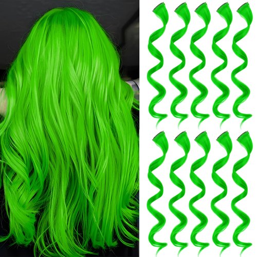 Olldag 10 PCS Green Hair Extensions, Curly Wavy Synthetic Hairpieces Clip in Rainbow Neon Party Highlights, Colorful Hair Accessories for Kids Girls Women 17 Inch