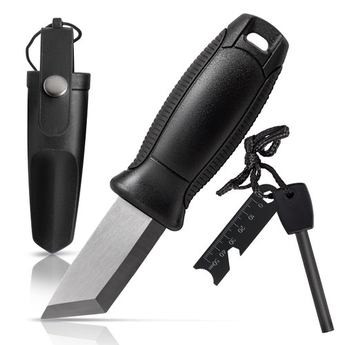 Maxam Mini-Survival Knife with Fire Starter - 2.25-inch Black Stainless Steel Tanto Blade, Custom Sheath with Lanyard, Scraper Blade - Ideal for Camping, Hiking, Outdoor Use