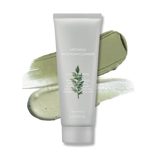 MISSHA Artemisia Pack Foam Cleanser 5.07 Fl oz/ 150ml, 2-in-1 Facial Cleanser & Clay Mask, Korean Foaming Facial Cleanser with Double-Fermented Mugwort Extract, Soothes Sensitive Skin