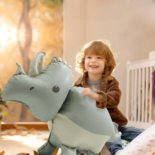 4D Wildlife Jungle Triceratops Dinosaur Balloon Wild One Safari Forest Woodland Animal Dino Party Supplies, 4 Pack Self-Standing Dinosaur Foil Balloons Cute Matte Dinosaur Balloons Dino Birthday Decor