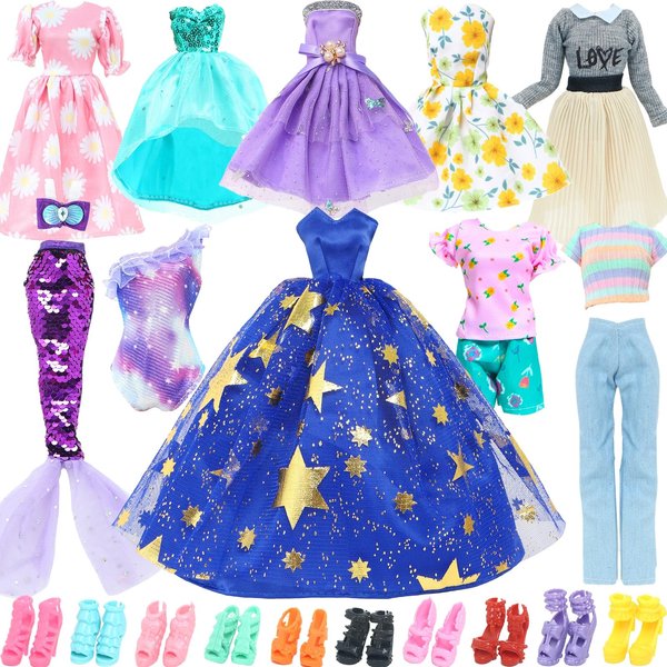BLIJOLA Doll Clothes and Accessories Fashion Pack 24Pcs, Wedding Gown Casual Dresses Daily Tops Pants Outfits Party Dresses Sequins Mermaid Tail Swimsuit and Shoes for 11.5 inch Girl Doll(Style B)