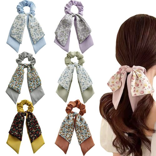6PCS Knotted Bow Hair Scarf Scrunchies Floral Hair Ties Bands Satin Hair Ribbon Scrunchy Ponytail Holder for Women and Girls