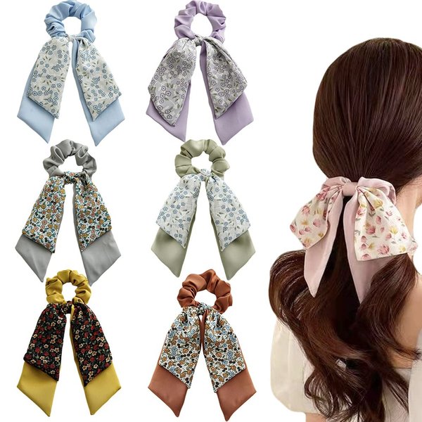 6PCS Knotted Bow Hair Scarf Scrunchies Floral Hair Ties Bands Satin Hair Ribbon Scrunchy Ponytail Holder for Women and Girls
