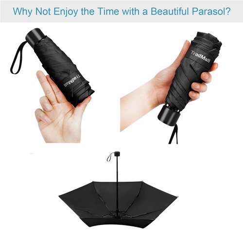 TradMall Mini Travel Umbrella, Portable Lightweight Compact Parasol with 95% UV Protection for Sun & Rain, Black