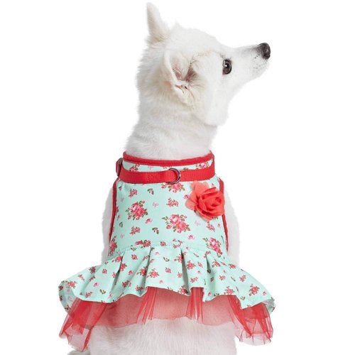 Blueberry Pet Soft & Comfy Spring Scent Inspired Floral No Pull Mesh Puppy Dog Costume Harness Dress, Turquoise, Chest Girth 14"-16", X-Small, Adjustable Harnesses for Dogs