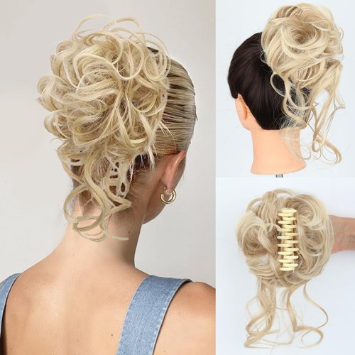 LEOSA Messy Bun Hair Piece Faux Hair Bun Claw Clip Curly Wavy Hair Buns Tousled Updo Hair Buns Ex...