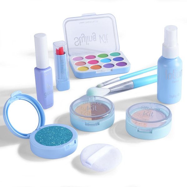 JXJ Pretend Makeup Toy Set for Toddler Girls - Blue Makeup Set with Nail Polish, Lipstick, and Fake Accessories - Ideal Dress Up Toy for 2-8 Year Old Girls for Birthdays