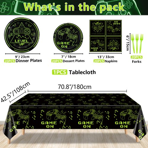 Video Game Party Decorations - 81Pcs Green Gaming Birthday Decorations Includes Game On Plates, Napkins, Tablecloth for Boys Level Up Birthday Decorations Game On Party Supplies, Serve 20