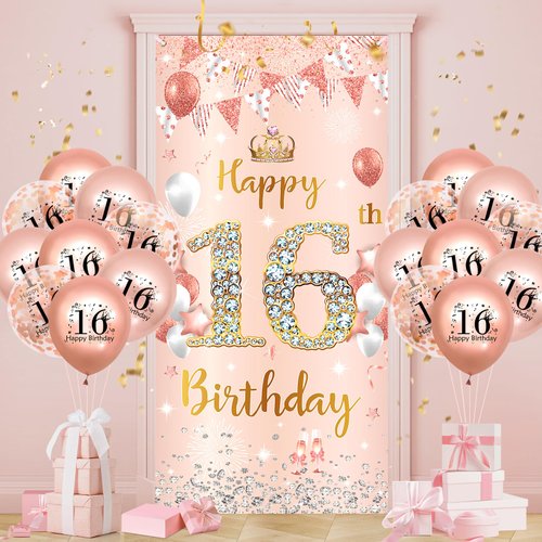 16th Birthday Party Decorations for Girls Rose Gold Happy 16th Birthday Banner with 18pcs 16th Balloons 16th Door Cover Backdrop Set for Girls Boys Birthday Anniversary Party Sign Porch Decor Supplies