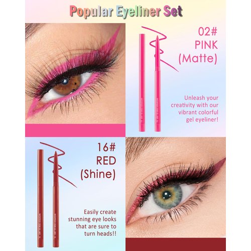 Pink & Red Gel Eyeliner, 2 Colors Eyeliner Crayon Pencils, Waterproof Long Lasting Smooth Smudge-Proof, Matte Cream Waterline Eyeliner Eye Makeup for Women Delineadores De Colores Para Ojos(02+16)