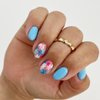 Blue Flower Press on Nails Short Oval Fake Nails with Nail Glue Natural Fit False Nails with Colorful Floral Glue on Nails Glossy Acrylic Nails Cute Spring Stick on Nails for Women Manicure 24Pcs
