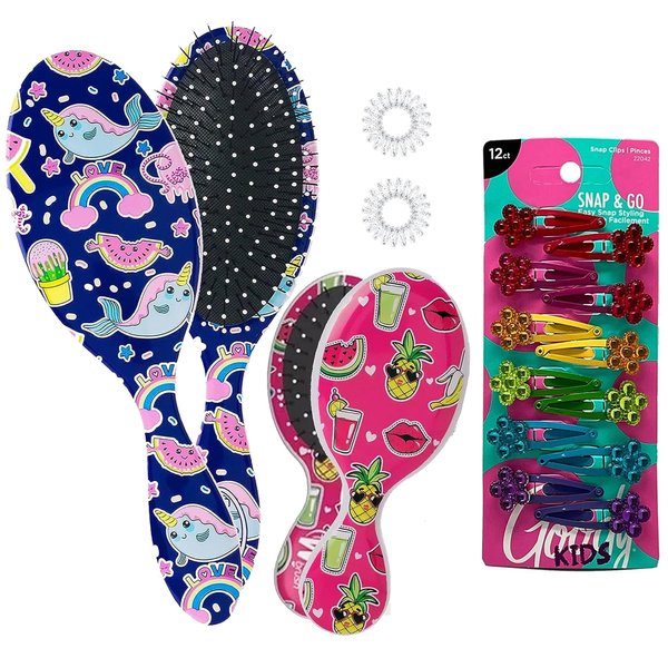 Wet Brush Rainbow Fantasy Goody Kit, 2 Original Detangler Big & Small, 12x Flower Snap Hair Clip 2 Ring - Happy Hair - All Hair Types - Ultra-Soft - Comb for Men, Women, Boys & Girls