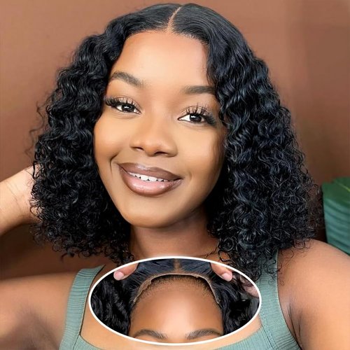 Glueless Wigs Human Hair Pre Plucked Pre Cut, Short Curly Deep Wave Lace Front Wigs Human Hair, 180% Density Wear and Go Glueless Bob Wig Human Hair Glueless for Women 10 Inch Natural Black