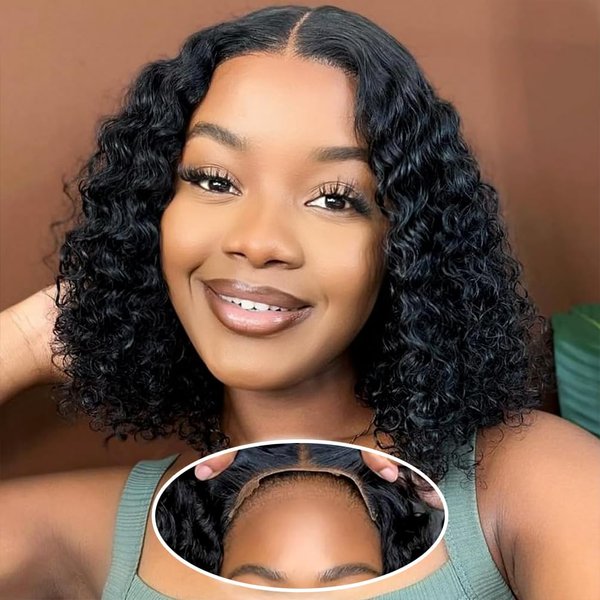Glueless Wigs Human Hair Pre Plucked Pre Cut, Short Curly Deep Wave Lace Front Wigs Human Hair, 180% Density Wear and Go Glueless Bob Wig Human Hair Glueless for Women 10 Inch Natural Black